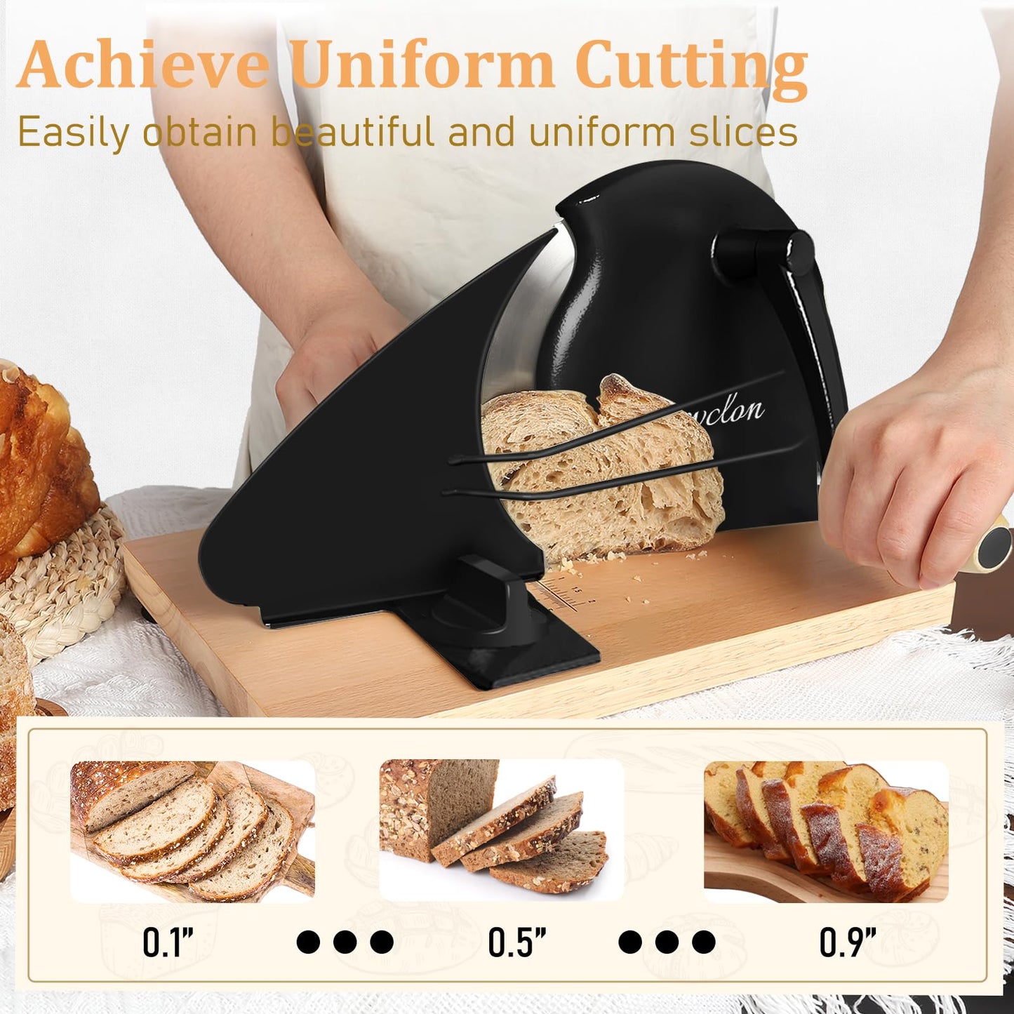 Manual Bread Slicer for Homemade Sourdough Bread, Adjustable Thickness&Metal Guide, Hand Crank Bread Slicer with Scale Line and Suction Cup, Sharp Blade, Suitable for Sourdough Bread, Etc