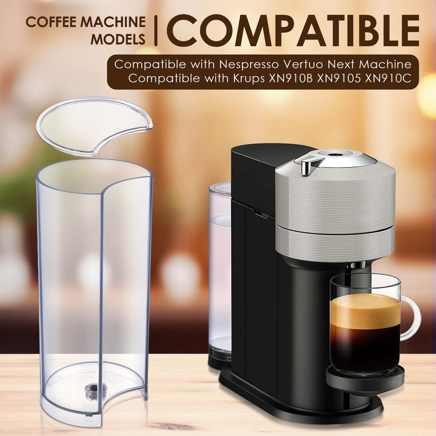 Feekoon Water Tank Reservoir & Lid Cover Replacement Compatible with Nespresso Vertuo Next, Compatible with Krups XN910B XN9105 XN910C Coffee Machine, Coffee Machines Replacement Parts, Clear