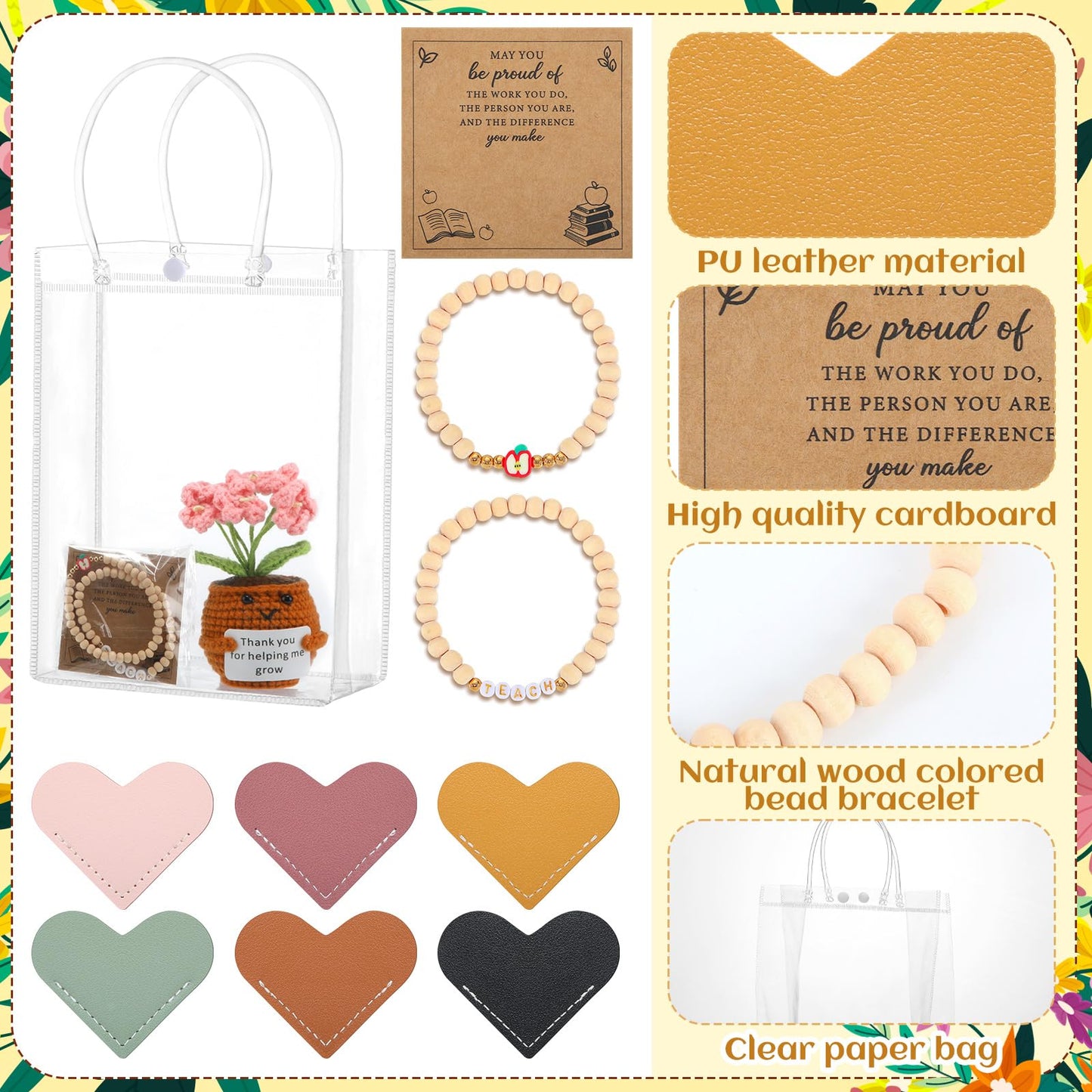 Wavwavw 3 Sets Teacher Appreciation Gifts Thank You for Helping Me Grow Crochet Doll with Card Bracelets Heart Leather Bookmarks Graduation Gift from Student Office Home Supplies(Forget Me Not)