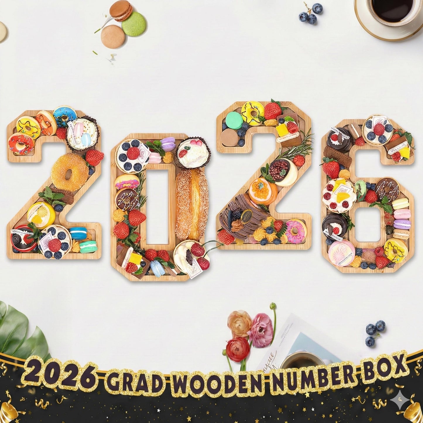 Nsoyos 4PCS Wooden Graduation Decorations Number Charcuterie Board Box-(with 14 Balloons) 2026 Charcuterie Numbers Fillable Food Graduation Party Supplies