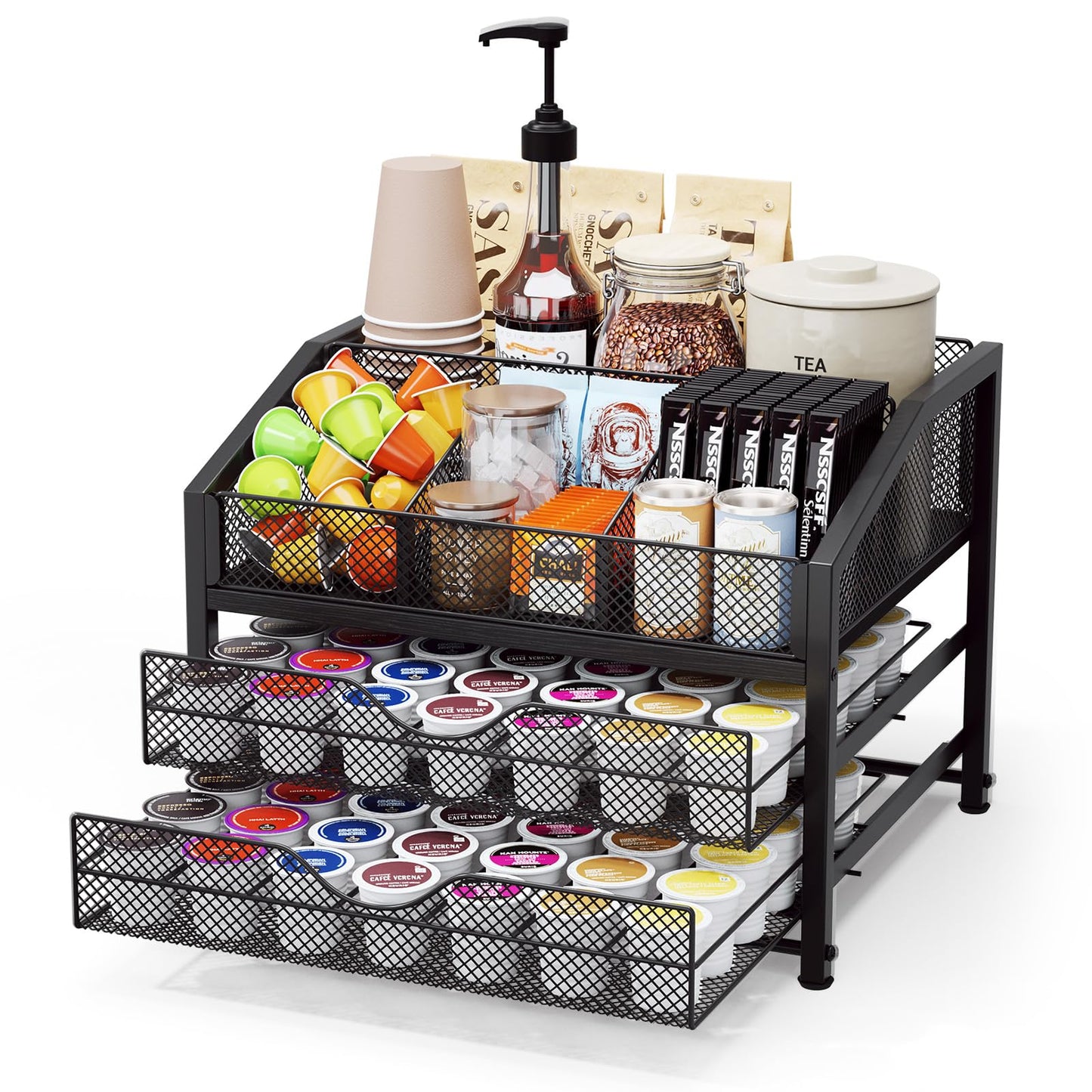 Homsorout Coffee Bar Organizer - Coffee Station for Countertop, Metal and Wood K Cup holder Storage Basket for Syrup, Cups, Stirrer, Condiment, Tea Organizer, Black