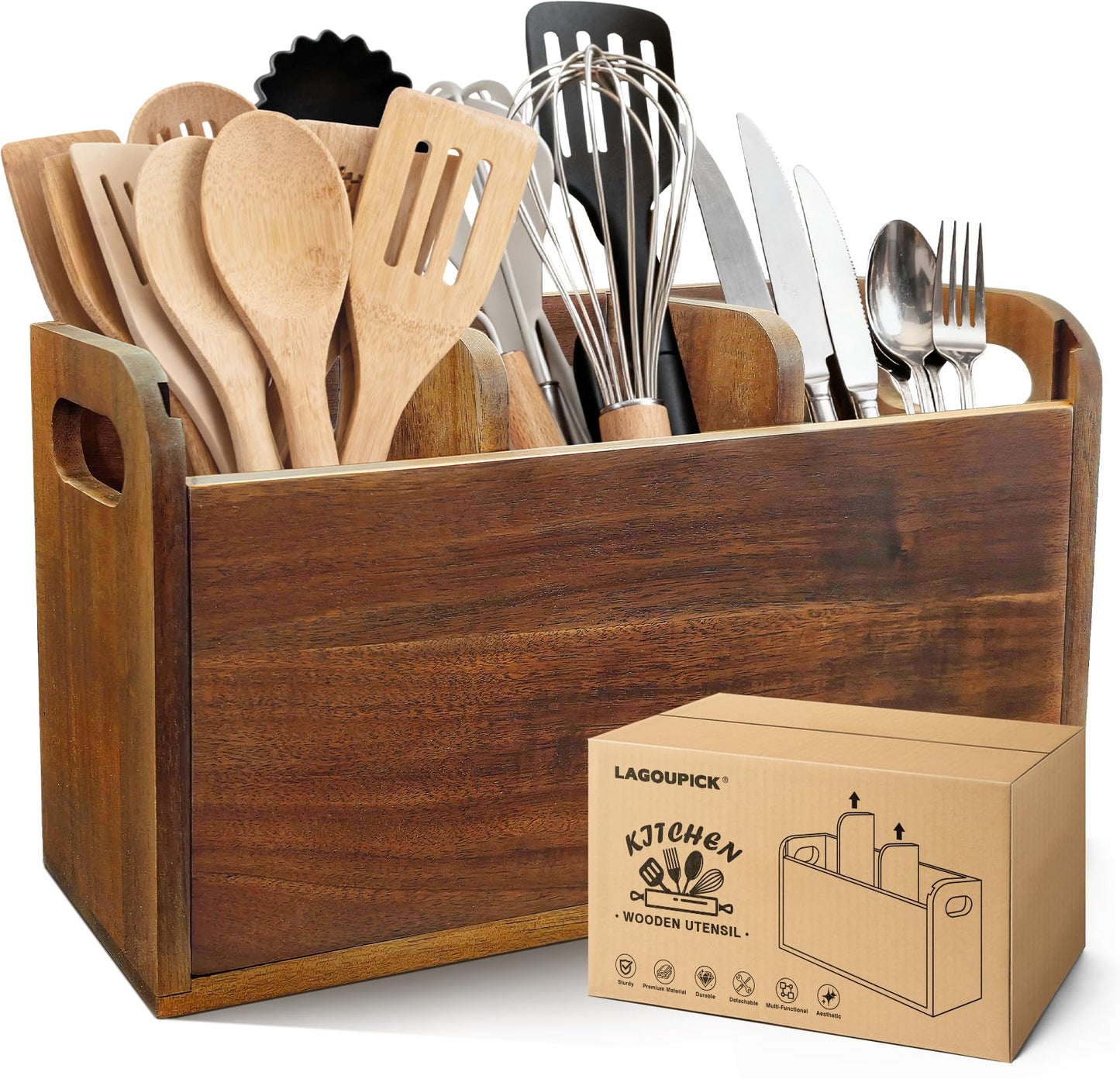 LAGOUPICK Kitchen Utensil Holder for Countertop with 4 Compartments Acacia Large Utensil Holder Wooden Storage for Cooking,Baking,Flatware Tool Kitchen Utensil Organizer
