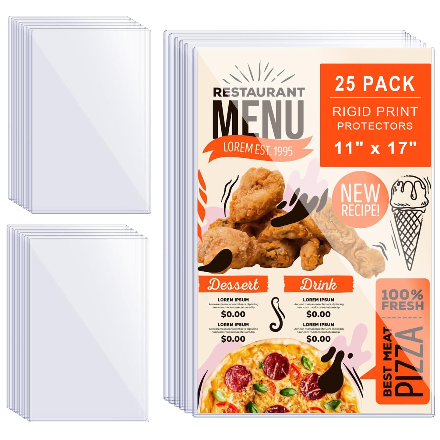 AKONEGE 25Pcs 11" x 17" Rigid Print Protectors Hard Plastic Sleeves for Prints, Menu Cover, Heavy Duty Sheet Poster Protectors Clear Plastic Sleeves for Paper Photos Documents Magazines, Vertical