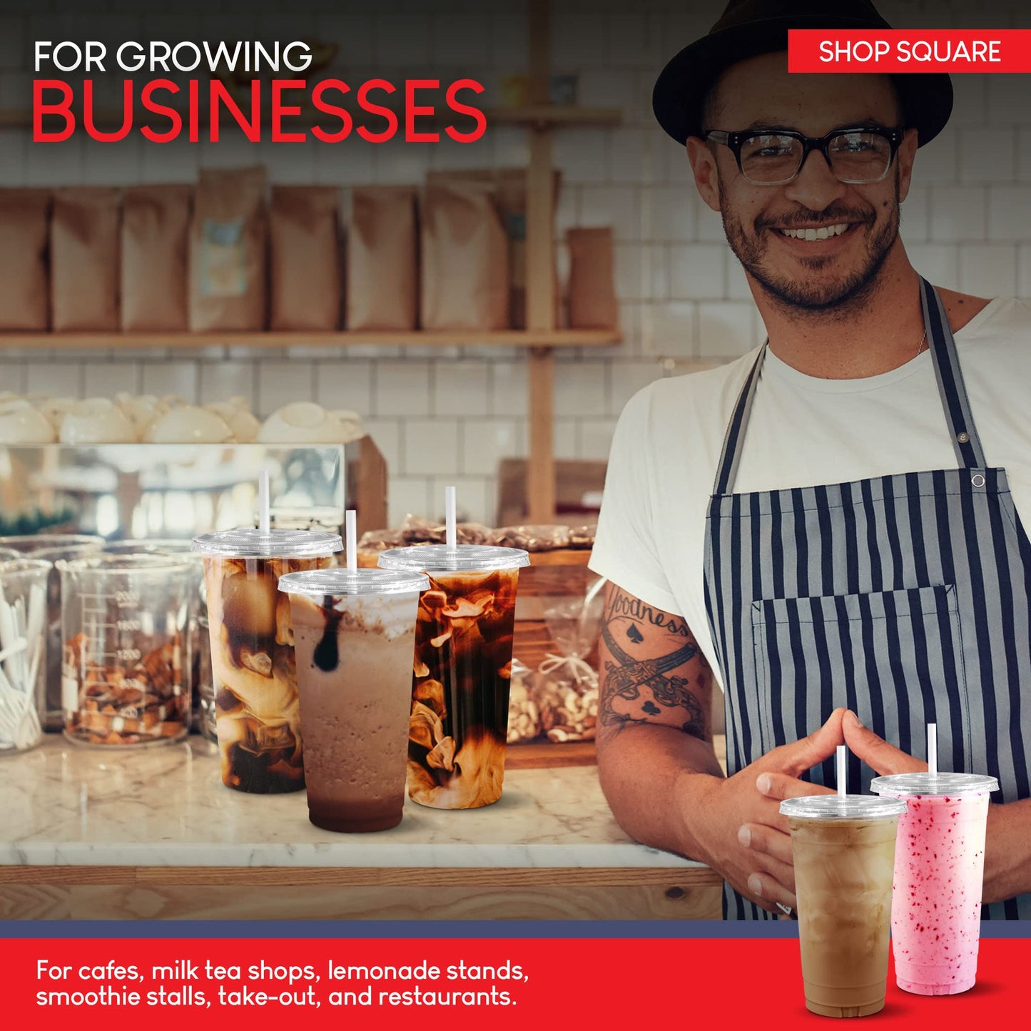 Shop Square 32 oz Plastic Cups with Lids (50 Pack) - Disposable Clear Cups for Iced Coffee, Boba, Milk Tea, Smoothies, and Fruit Shakes for Parties, Cafes, Restaurants