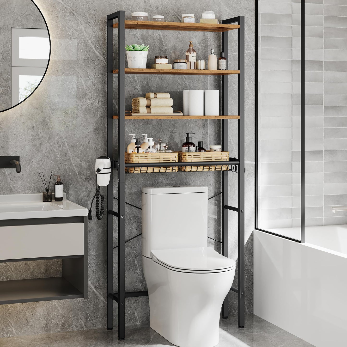 VASAGLE BARNET Collection - Over the Toilet Storage, Over Toilet Bathroom Organizer with Adjustable Shelves and Basket, 3 Hooks, Space Saving, 9.4 x 23.6 x 68.1 Inches, Rustic Brown UBTS114KD01S