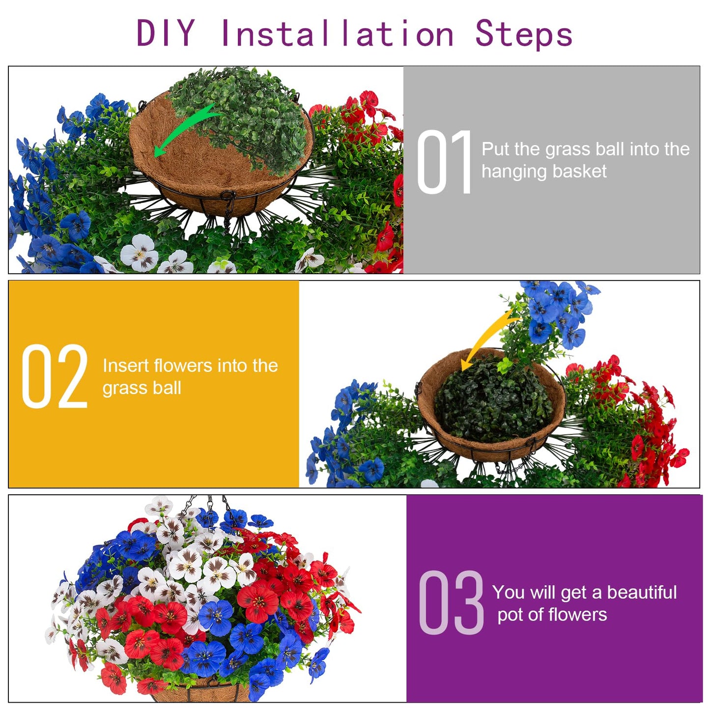 lovemoon 2 Sets Artificial Hanging Pansies Flowers with Baskets, 24 Pcs Faux Patriotic Silk Pansy Outdoor Flower for Porch Patio Garden Home Summer 4th of July Decor (Y/P/W) (2, RedWhiteBlue)