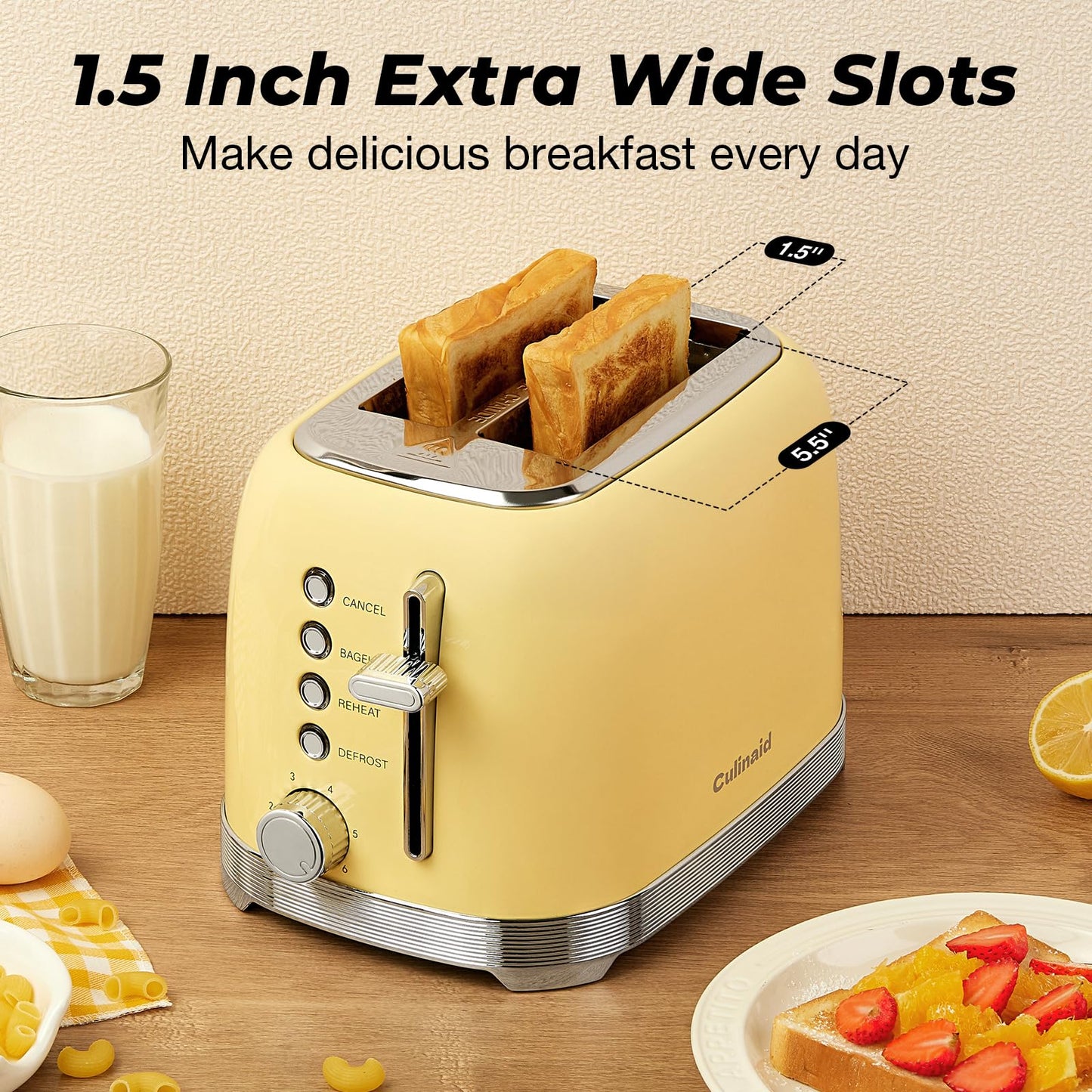 Culinaid Toaster 2 Slice Retro Stainless Steel with 1.5” Extra Wide Slots Bagel, Defrost, Reheat, Cancel Functions, 6 Bread Shade Settings, Removable Crumb Tray, Yellow