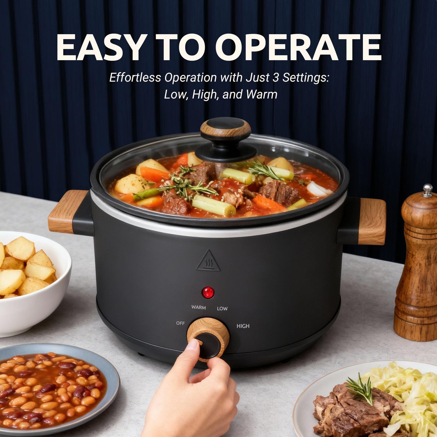 LoftyChef 3 Quart Slow Cooker with Aluminum Inner Pot, 3 Temperature Settings, Dishwasher-Safe Removable Pot & Glass Lid, Wood-Grain Handle Design, Compact Electric Cooker for Home Meals, Black