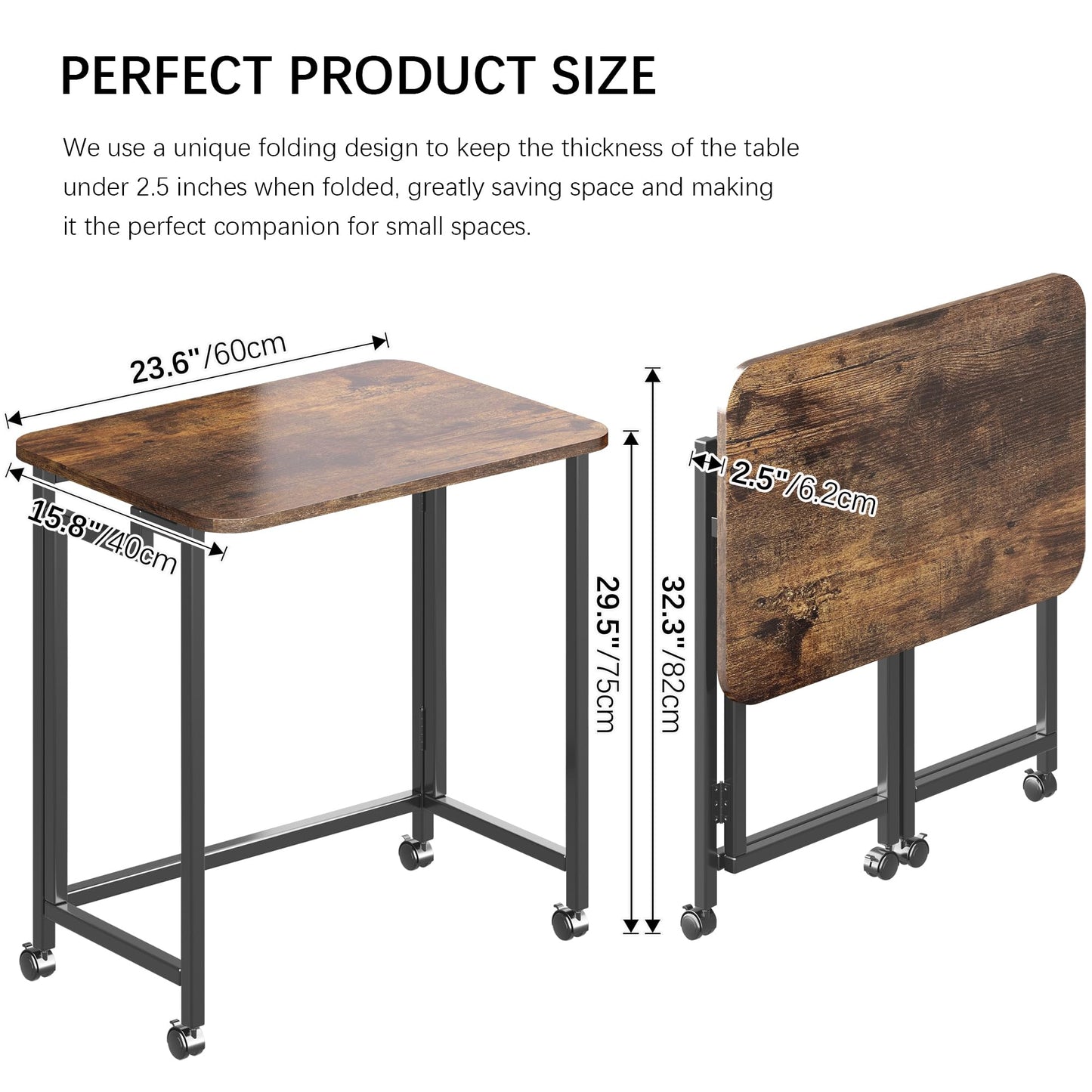 JSB Small Folding Computer Desk with Storage Bag and Hook Writing Modern Industrial Work Table Laptop for Home Office White (Rustic & Brown, 23.6")