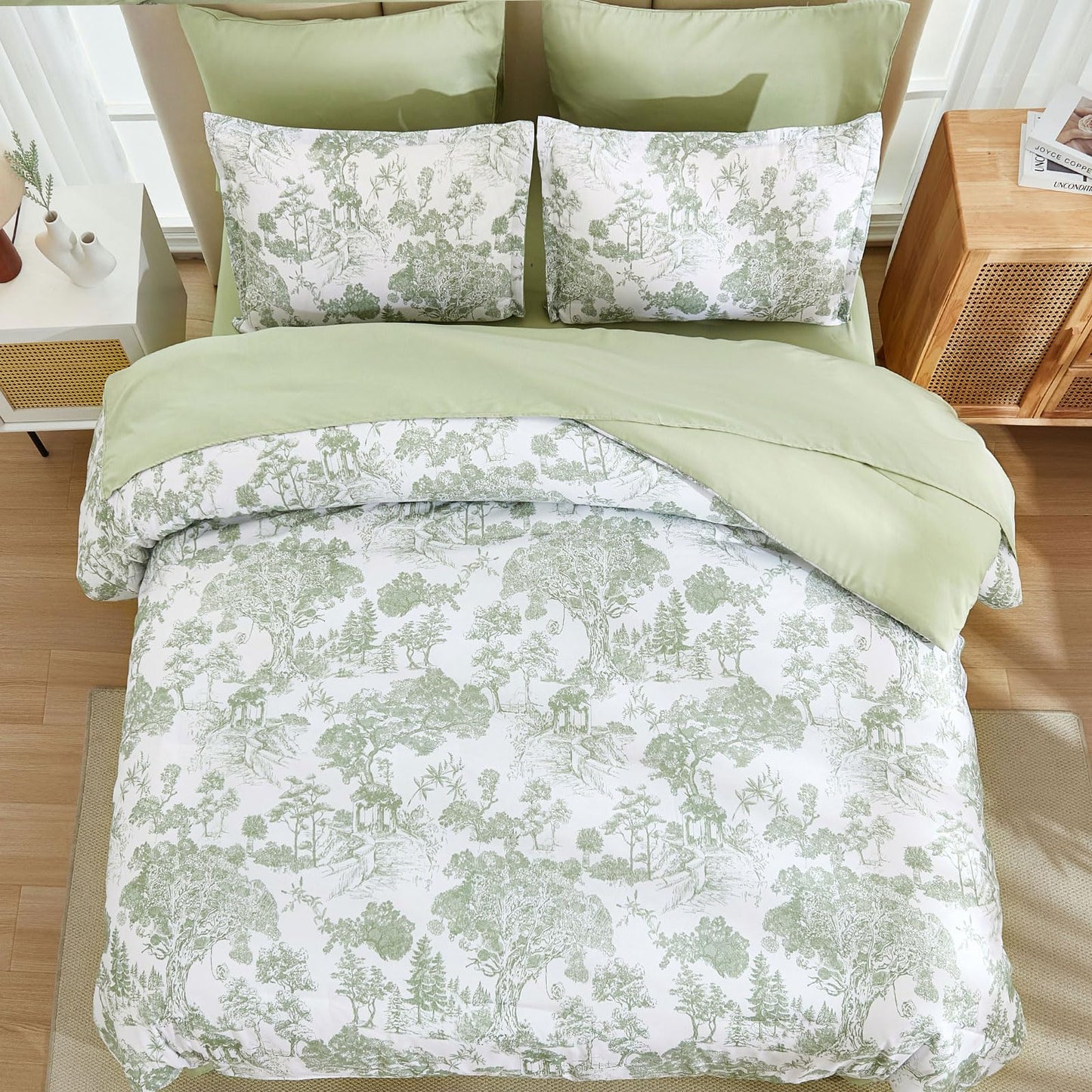 DJY Sage Green Comforter Set King, 7 Pieces Bed in a Bag King Size Botanical Comforters with Sheets Elegant Plants Print Soft Microfiber Reversible Complete Bedding Sets for All Season