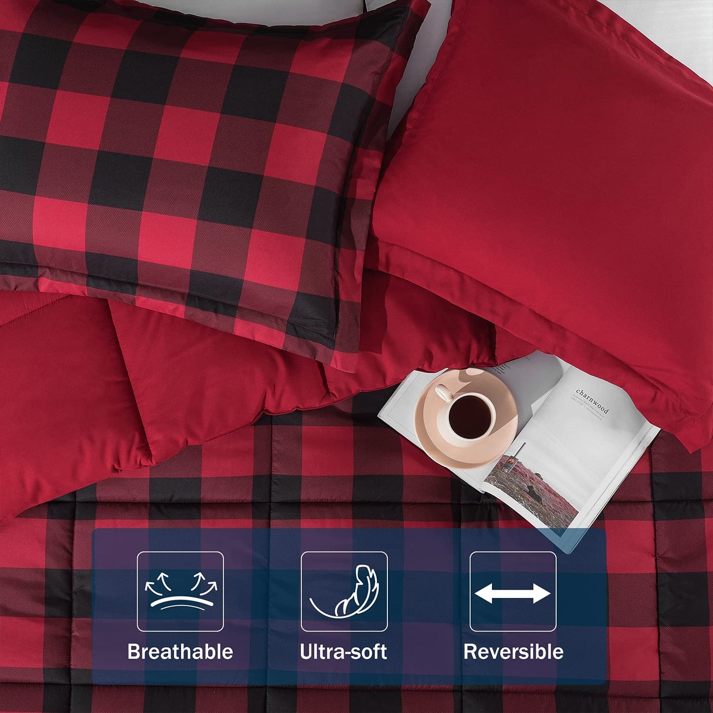 downluxe Lightweight Plaid Comforter Set (Queen) with 2 Pillow Shams - 3-Piece Set - Red/Black Plaid - Down Alternative Reversible Comforter