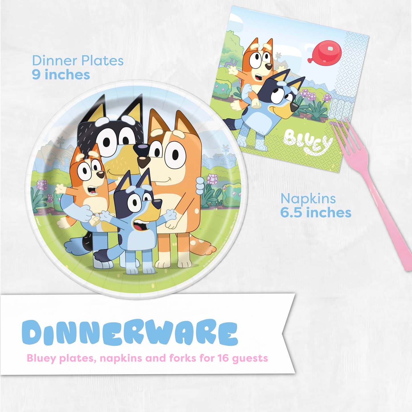 Bluey Birthday Decorations Girl Party Supplies for 16 - Bluey Party Decorations with Banner, Tablecloth, Balloons, Plates, Napkins, Forks, Sticker - Officially Licensed