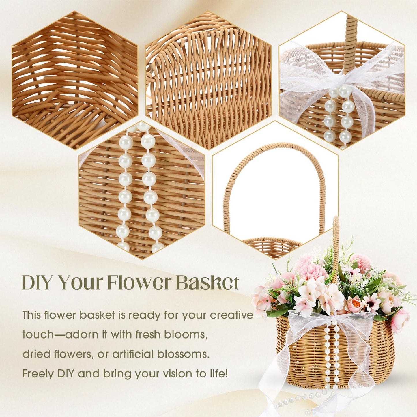 SiliFine 2 Pcs Wicker Rattan Flower Girl Basket with Bows and Pearl 11.8x8.7x5.1 Inches Rustic Wedding Basket for Flower Girl, Hand Woven Willow Storage for Ceremonies Home Decoration (Classic)