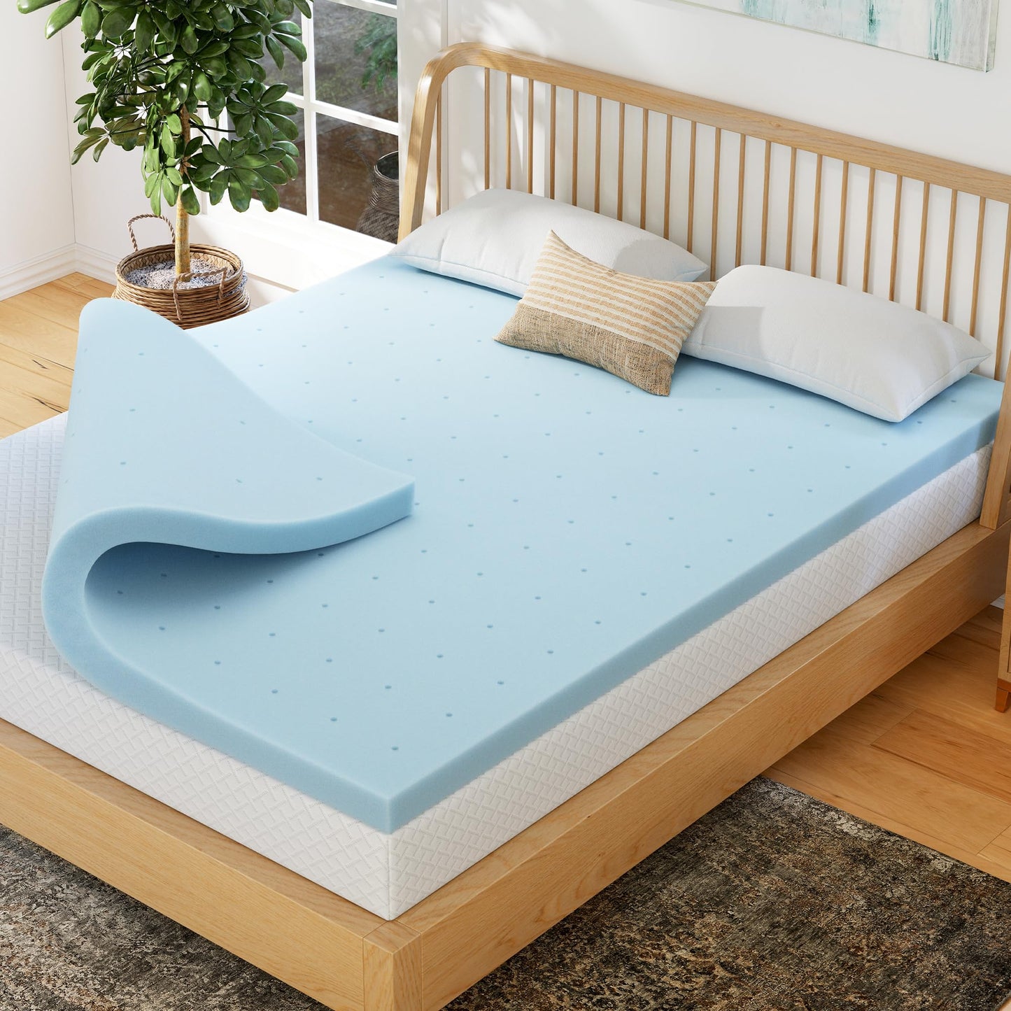 EGOHOME 3 Inch Queen Memory Foam Mattress Topper, Cooling Gel Infused & Pressure Relieving Pad in a Box, Dorm Room Essentials, CertiPUR Certified, Blue