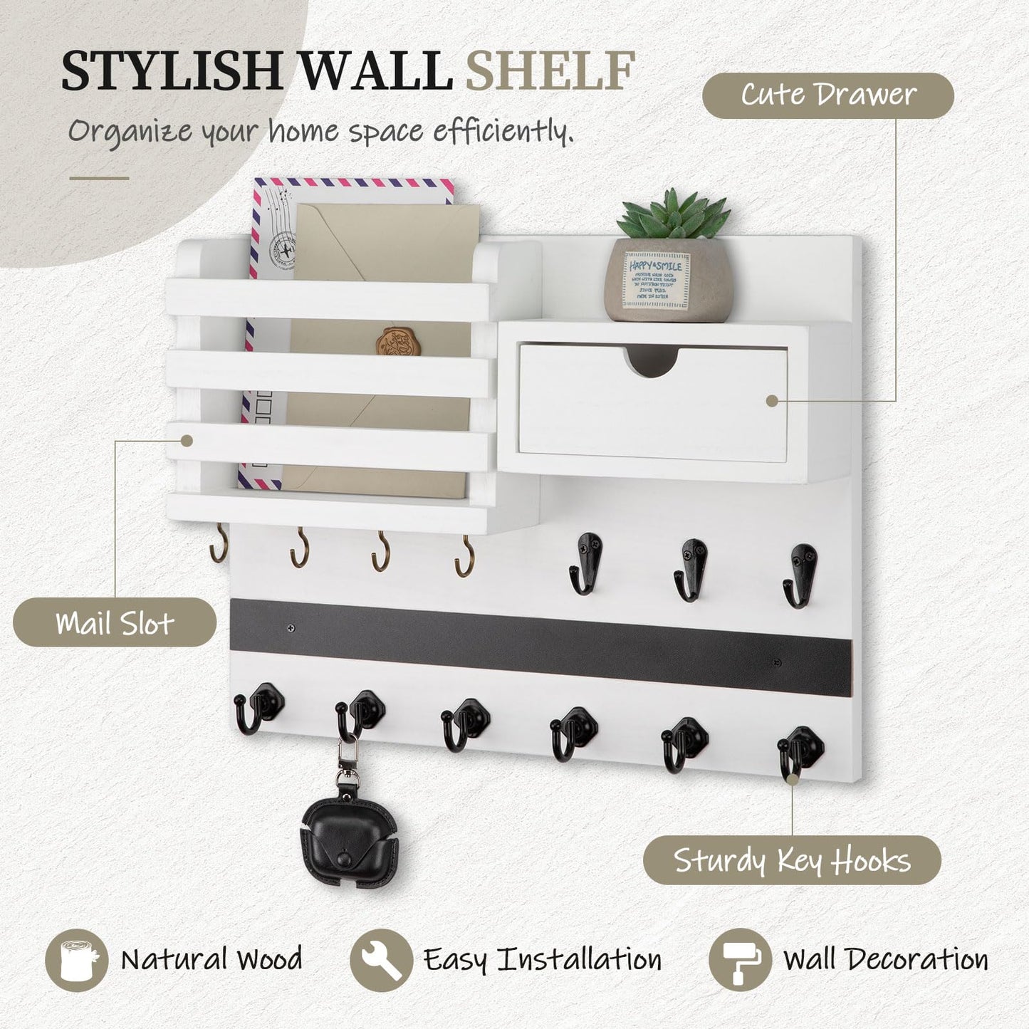 Nekon Key Holder Wall Mount, Rustic Mail and Keys Shelf for Wall Organization with 13 Hooks, Home Decor Accessory with Drawer, White