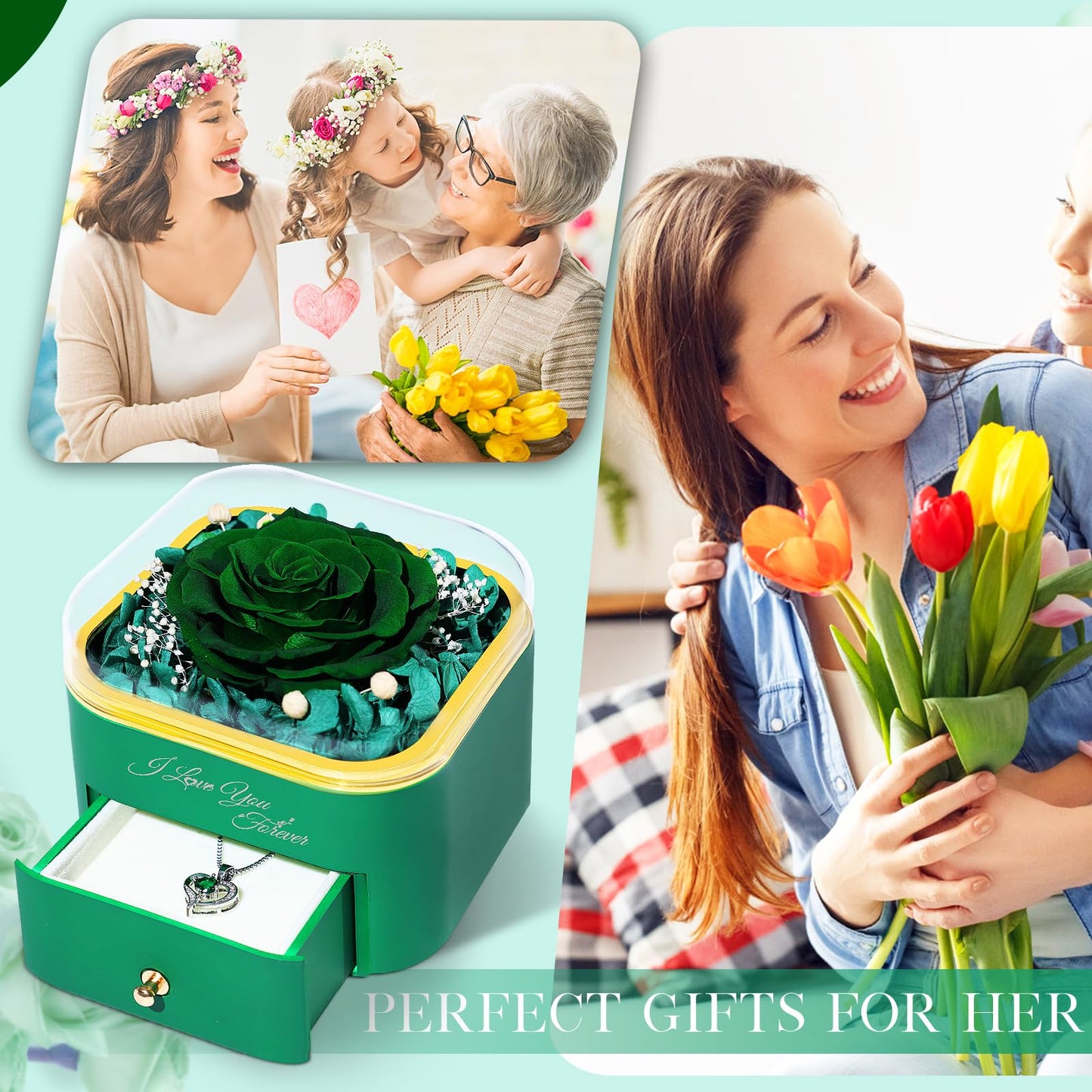 Beferr Birthday Gifts for Women Preserved Real Rose with Necklace Eternal Roses Forever Flowers for Delivery Anniversary Mothers Gifts for Mom Her Grandma Wife Sister from Daughter Son