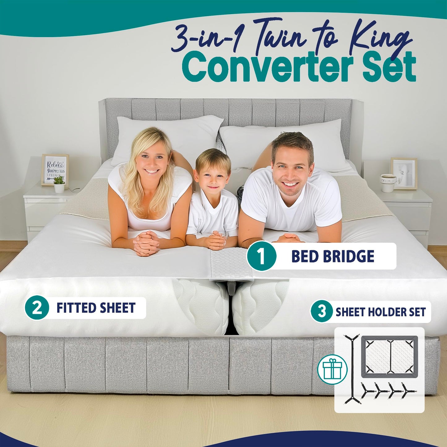 EPHEDORA 3-in-1 Fitted Sheet Attached Bed Bridge Twin (XL) to King Converter Kit with Sheet Strap Set | Split King Gap Filler for Adjustable Bed | White