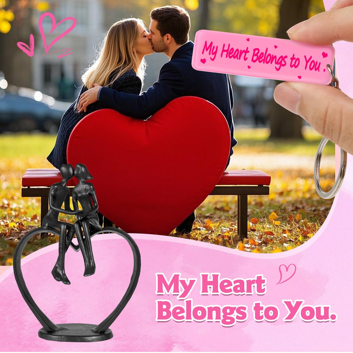 Kresecioo Gifts for Wife, Kissing Couple & Loving Heart Statue Cast Iron Sculpture Decor, Wedding Anniversary Birthday Gifts for Wife Women Girlfriend Her, Wedding Anniversary for Couples