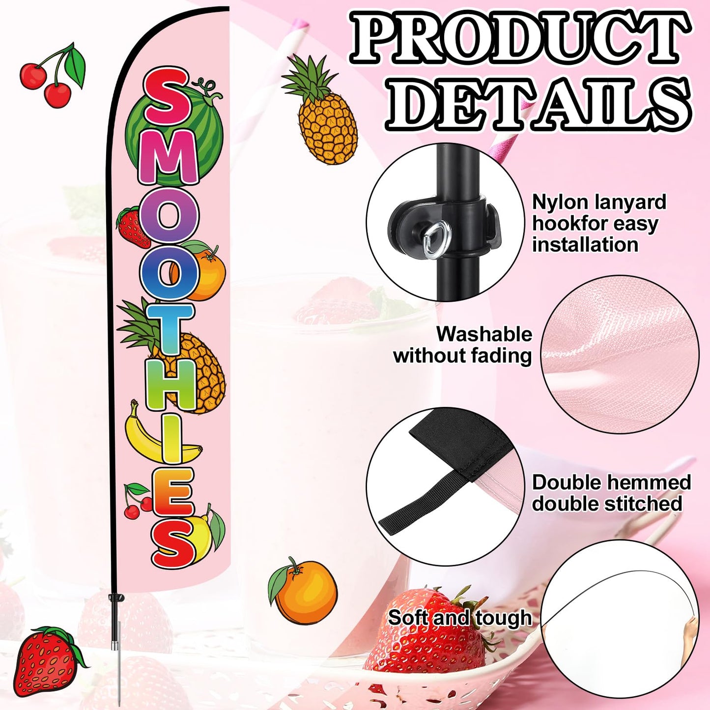 CrystalSylara Smoothies Feather Flag Set 2.5 x 12 ft Banner Swooper Flag with Flagpole for Storefronts Retailers Shops Food Trucks Events and Fairs