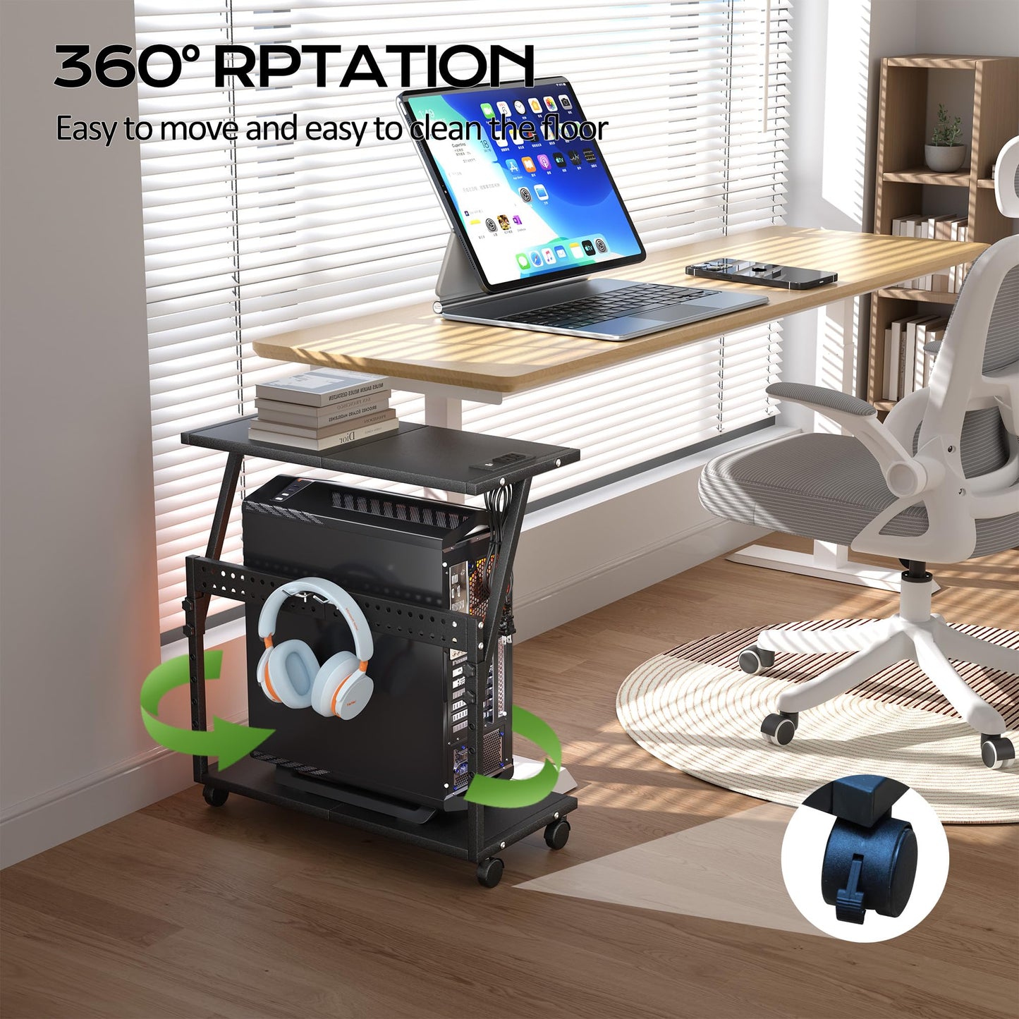 24In Large PC Stand, 5 Levels Height Adjustable Computer Tower Stand with Charging Station, Wheels and Hooks, CPU Holder Cart for Floor, Carpet and Under Desk, Easy Assembly（with Power Strips）