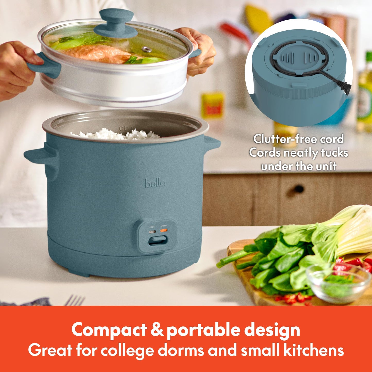 bella 16 Cup Rice Cooker with Steamer, Dishwasher Safe Steaming Basket, Rice Paddle and Measuring Cup, Removable Nonstick Cooking Bowl, Automatic Keep Warm Function, 400 Watt, Surf