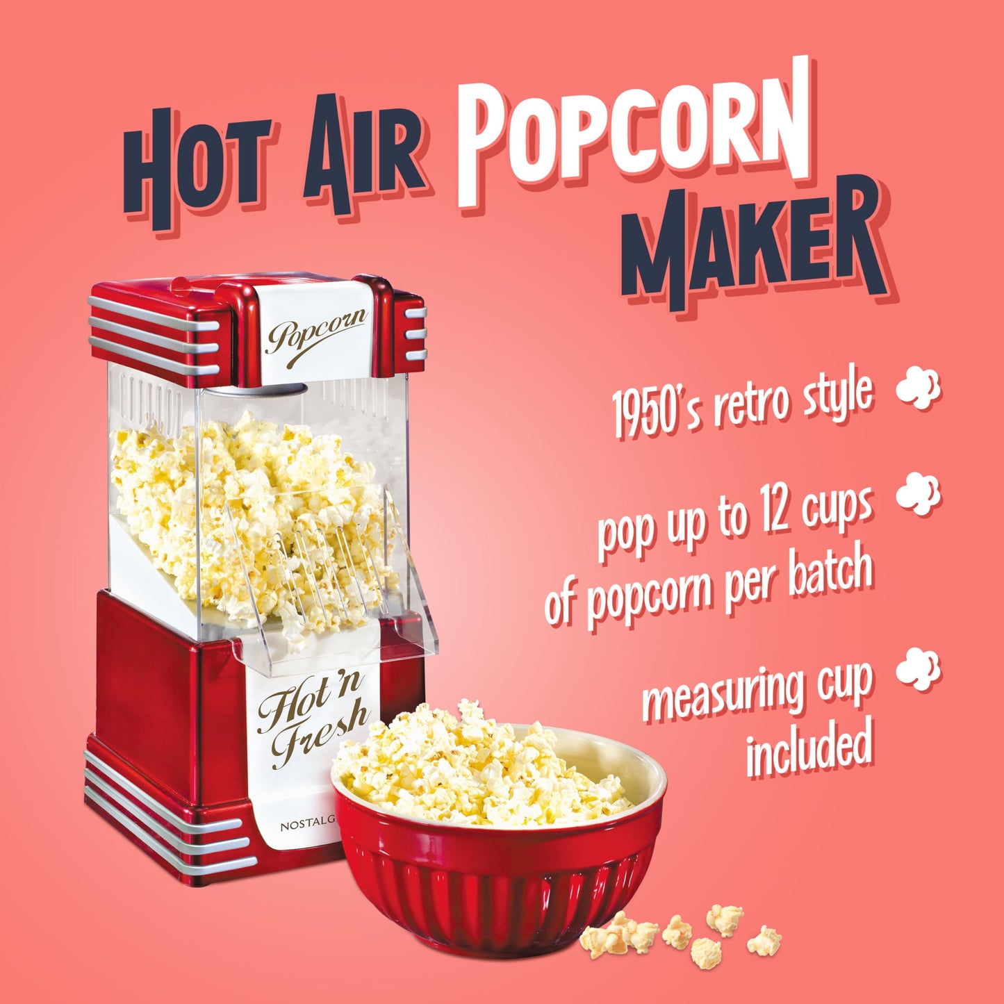Nostalgia Retro Hot Air Popcorn Maker – 12 Cups Oil Free Popping – Countertop Machine with Measuring Cup – Healthy Snacks & Movie Nights – Red