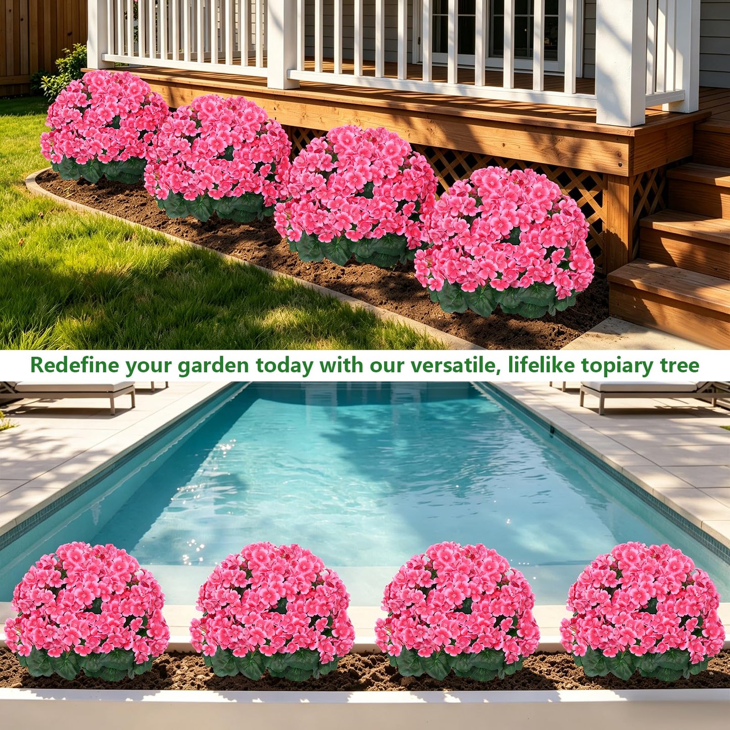 Grooy Artificial Plants Flowers Topiary Ball for Outdoor, 2 Pack Fake Silk Crabapple Flower Plant Bushes, UV Resistant Realistic Plants Shurbs for Outside,Front Porch,Patio,Yard(Pink)
