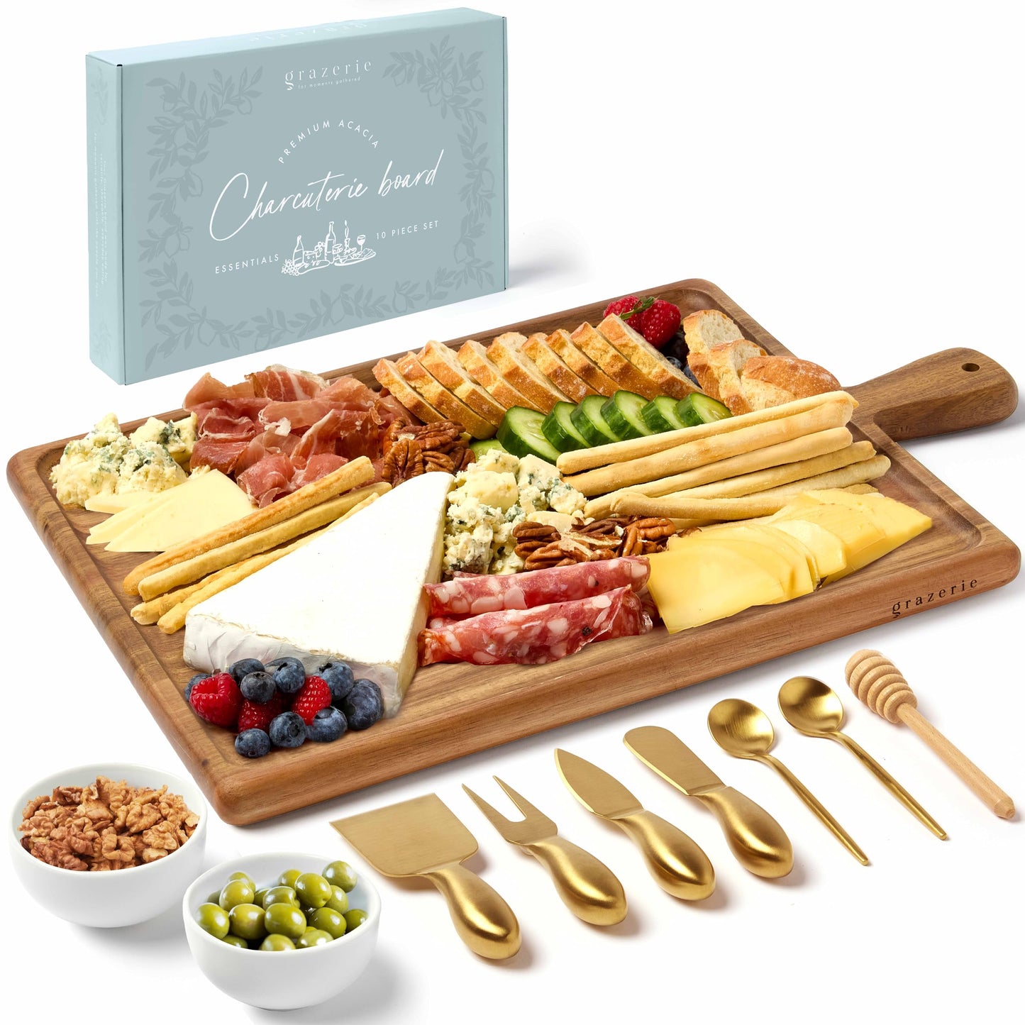 Grazerie Charcuterie Board Set - Acacia Cheese Board Serving Tray with Accessories - House Warming Gifts for New Home, Bridal Shower & Wedding Gift, Birthday Gifts for Women