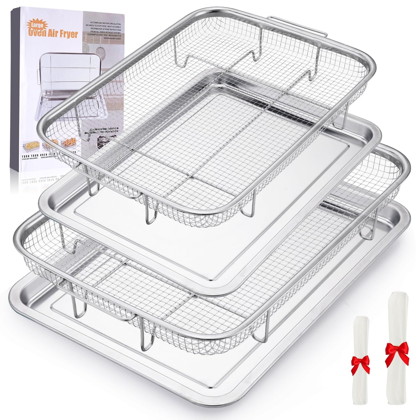 Air Fryer Basket for Oven, 2 Set Oven Air Fryer Basket and Tray with 60 PCS Parchment Papers, Stainless Steel Air Fryers Pan and Crisper Tray for for Baking Cooking and Frying(15.6"X11.6" & 13"X9.7")