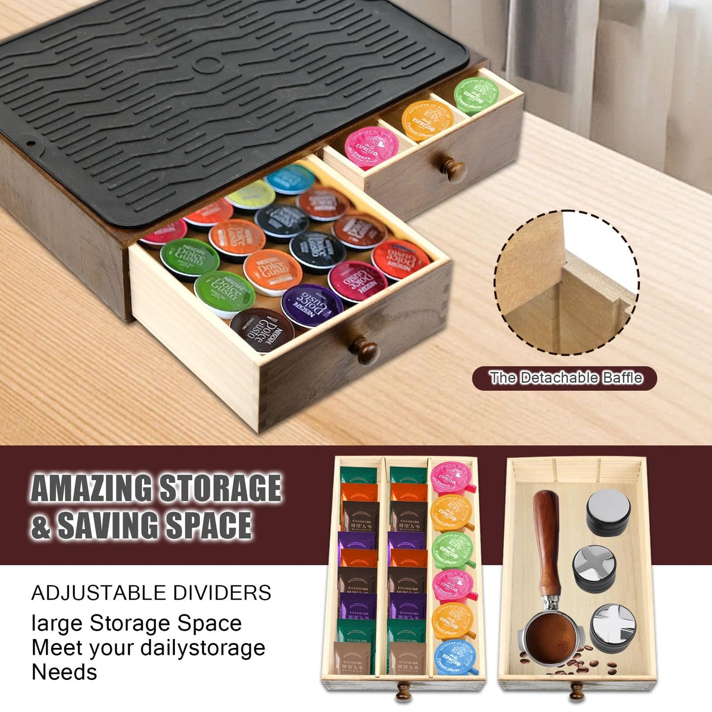 Lveesto Coffee Pod Holder Storage, Wooden K Cup Organizer for Countertop, K Cup Drawer and Tea Organizer for Counter, Coffee Station Organizer with Silicone Non-Slip Pad (30 Pod Capacity)