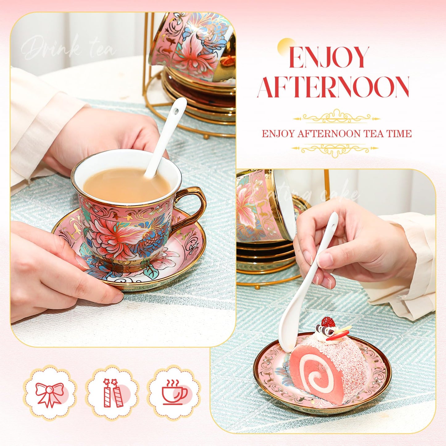 Gandeer 20 Pcs Porcelain Tea Set for Adults with Metal Holder and Spoon European Ceramic Tea Party Set Flower Painting Teapot Cup Saucer for Women Gift, Serving 6 People(Fresh)