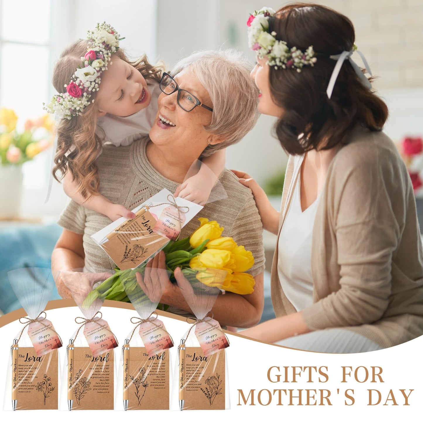 Moinchore 75 Sets Mothers Gifts Christian Bible Verse God Bless Mothers Pens Religious Notebooks Christian Gift Cards with Bags Twine for Women Church Sunday School (Flower)