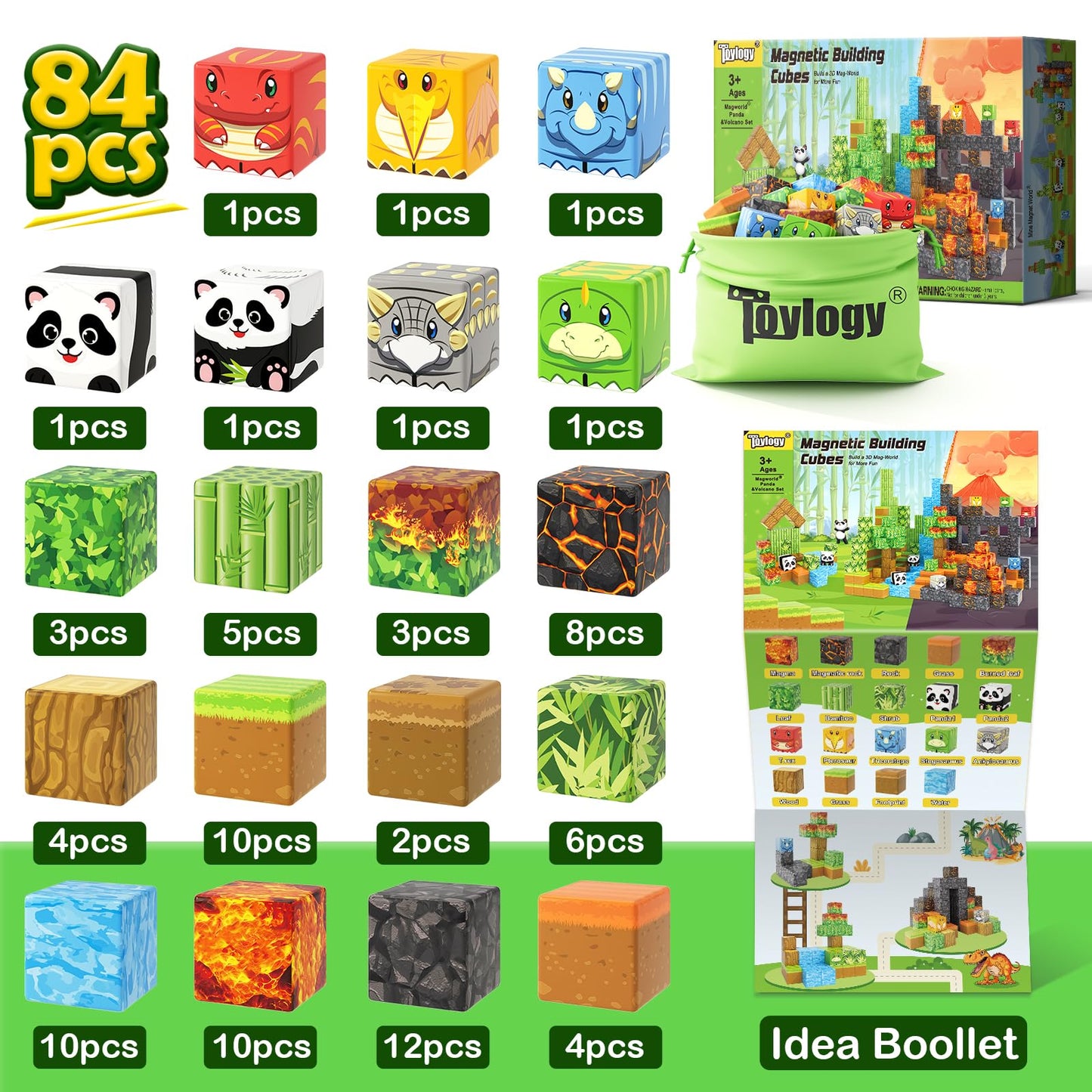 Magnetic Blocks-Build Mine Magnet World Dinosaur Panda Toys Kids Games, Toddler STEM Educational Sensory Dino Toys for Kids 3-5 5-7, Birthday Gifts for 3 4 5 6 7 8 Year Old Boys and Girls