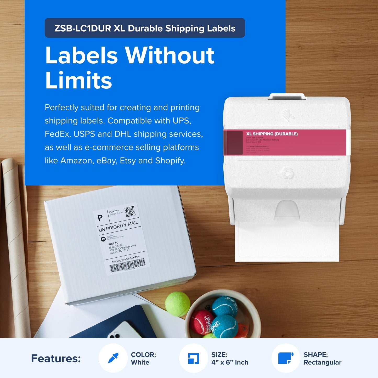 Zebra ZSB Series Labels - Potato Starch-Based Printer Label Paper - Recyclable Cartridge for Stickers - Versatile, Cloud-Based Adhesive - Durable Shipping, 4" x 6"