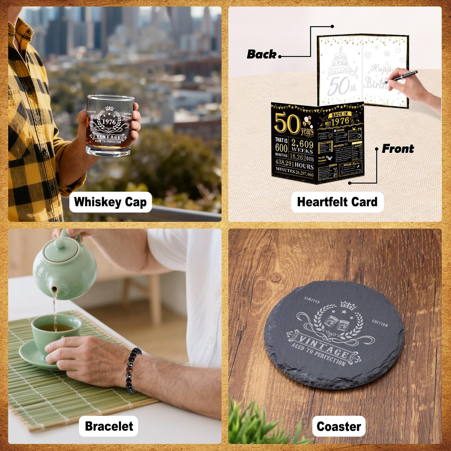 50th Birthday Gifts for Him, Happy 50th Birthday Decorations for Men, 50 Year Old Gifts for Man Who Have Everything, 1976 50th Birthday Gift Baskets for Men Whiskey Glass Baseball Cap Socks Stones