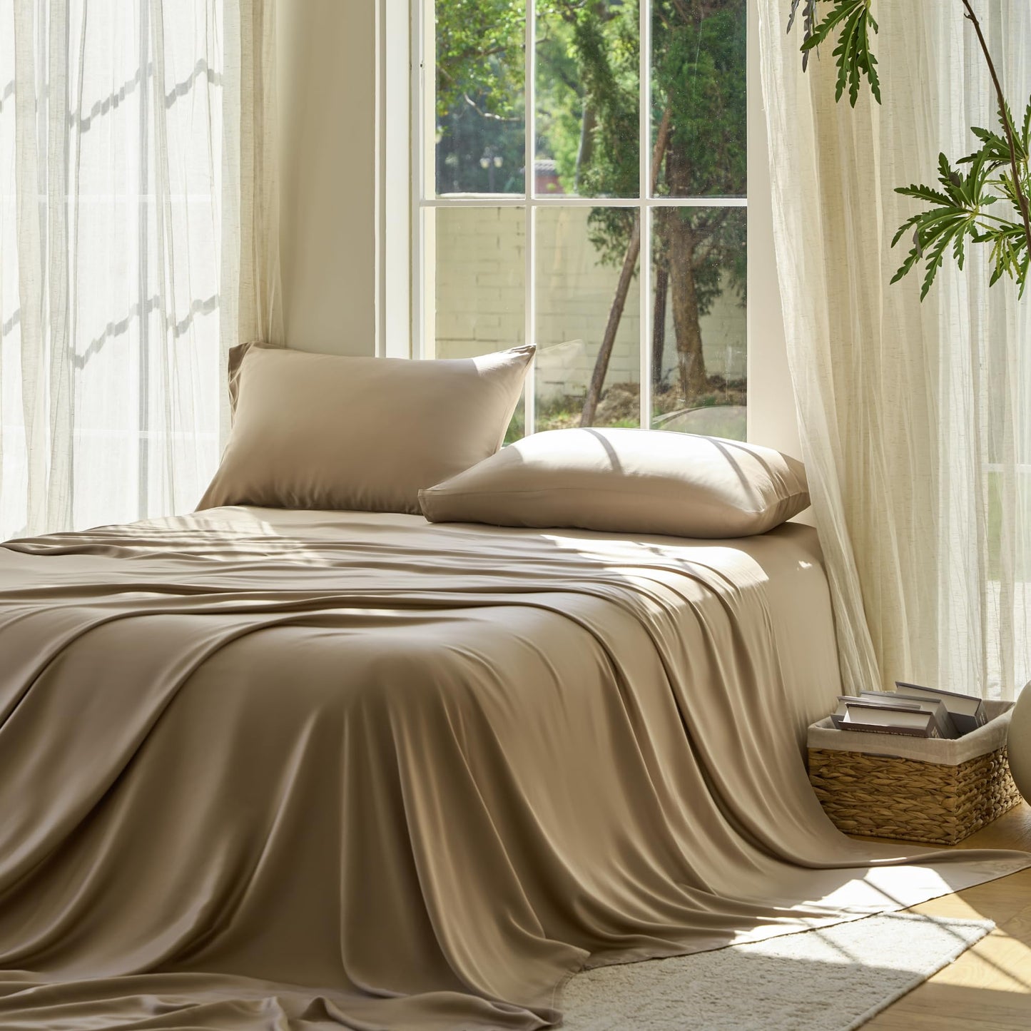 DOZ Sheet Set, 100% Viscose derived from Bamboo, Organically Grown, Buttery Soft, Cooling Sheets, High GSM, Deep Pockets - 3 Piece - 2 Pillowcases 1 Fitted Sheet (Dune, Queen)