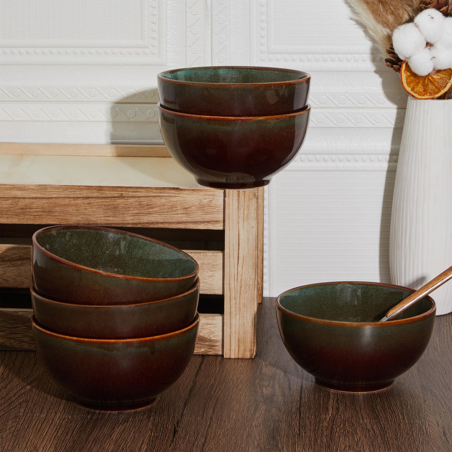 Pokini Stoneware Cereal Bowls Set of 6, 22 Oz Soup Bowls Set for Cereal Soup Snacks, Modern Kitchen Bowls for Meal, Dishwasher & Microwave Safe-Brown and Green