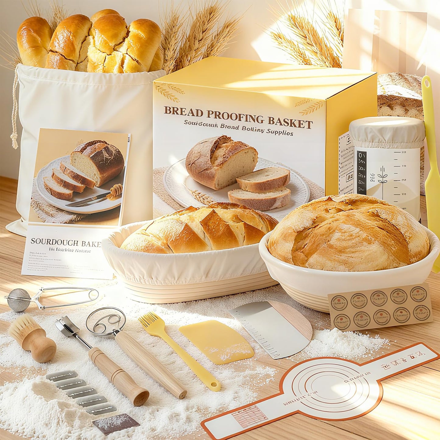 Sourdough Starter Kit, Sourdough Bread Baking Supplies, Round & Oval Banneton Bread Proofing Basket, Bread Sling, Starter Jar, Dough Whisk, Scrapers, Stencils & Bag, Complete Sourdough Kit Gifts