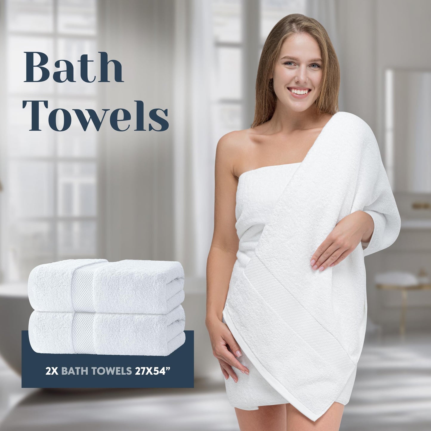 Luxury White Bath Towel Set of 8 Pieces - 100% Turkish Cotton 700 GSM Highly Absorbent Towels for Bathroom, 2 Bath Towels, 2 Hand Towels, 4 Washcloths