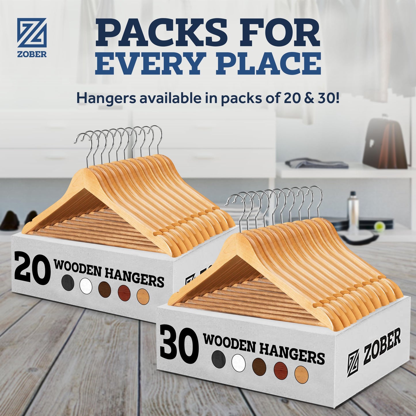 ZOBER High-Grade Wooden Hangers - Heavy Duty, Non Slip Wood Hangers for Coats, Jackets, Suits, & Pants - Clothes Hangers for Closet W/Bar and Notches 20 Pack