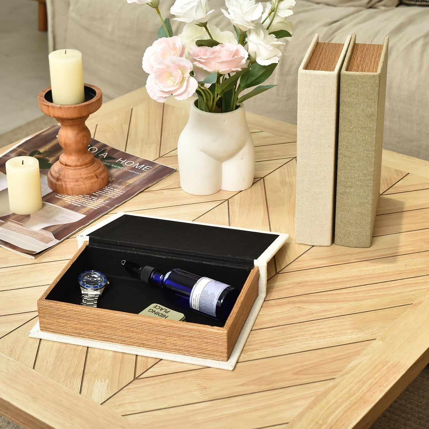 DECOR4SEASON Modern Linen and Wood Decorative Faux Book Boxes Set of 3,10", Taupe,Beige,Off White