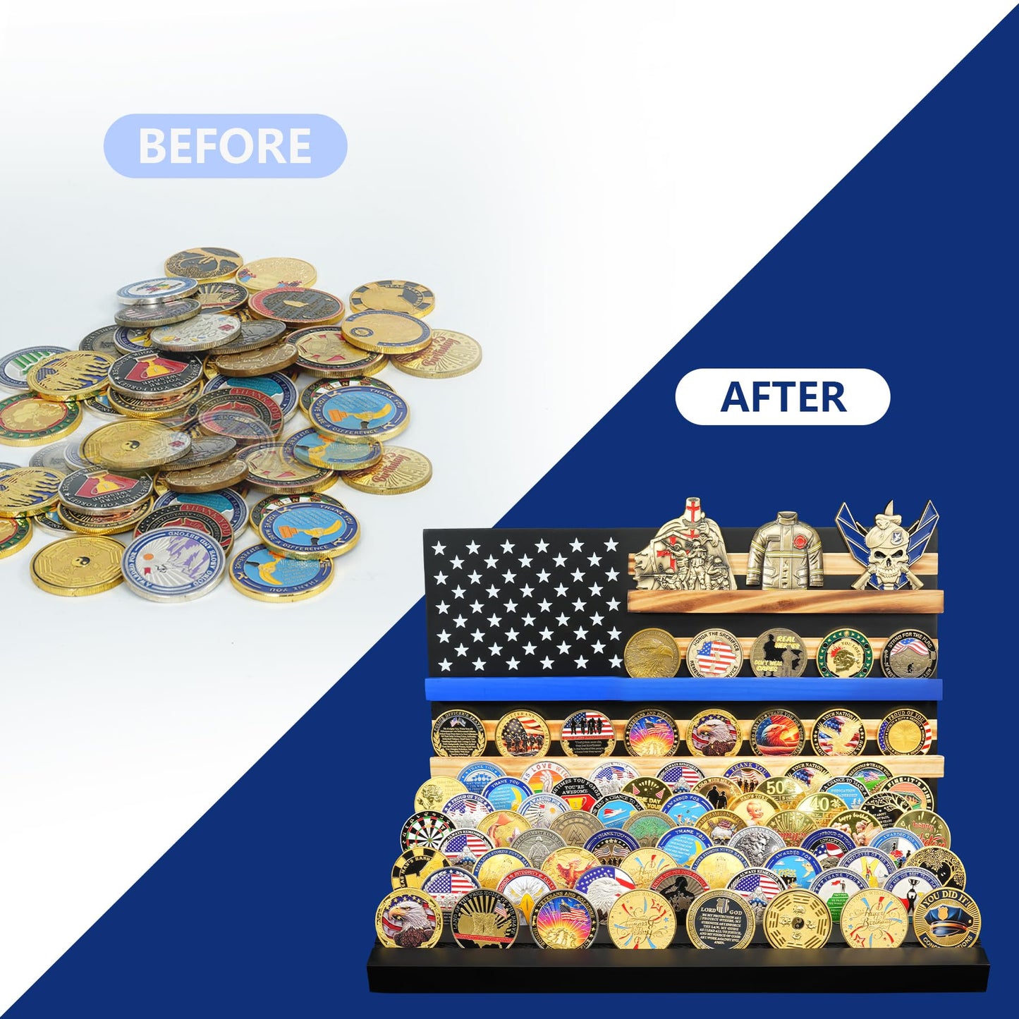YUN RUI 11 Rows Challenge Coin Display, Removable Military Coin Holder Display with American Flag, Wooden Coin Display Case Rack Holds 95-106 Coins,Black