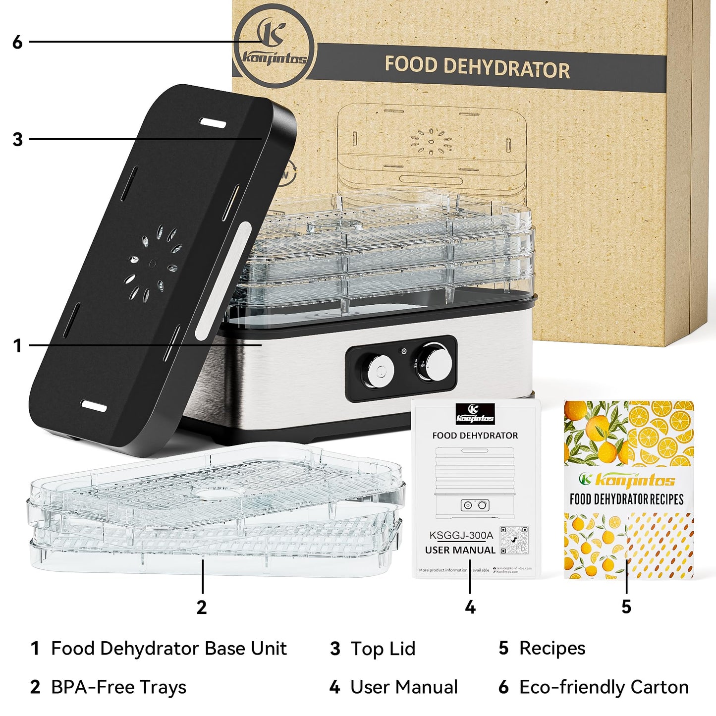 Food Dehydrator Machine for Jerky, 5 Stackable BPA-Free Trays with Temperature Control, 250W Small Dehydrator for Fruit, Beef and Deer Jerky, Mushroom, Herbs, Recipe Included, 72H Max