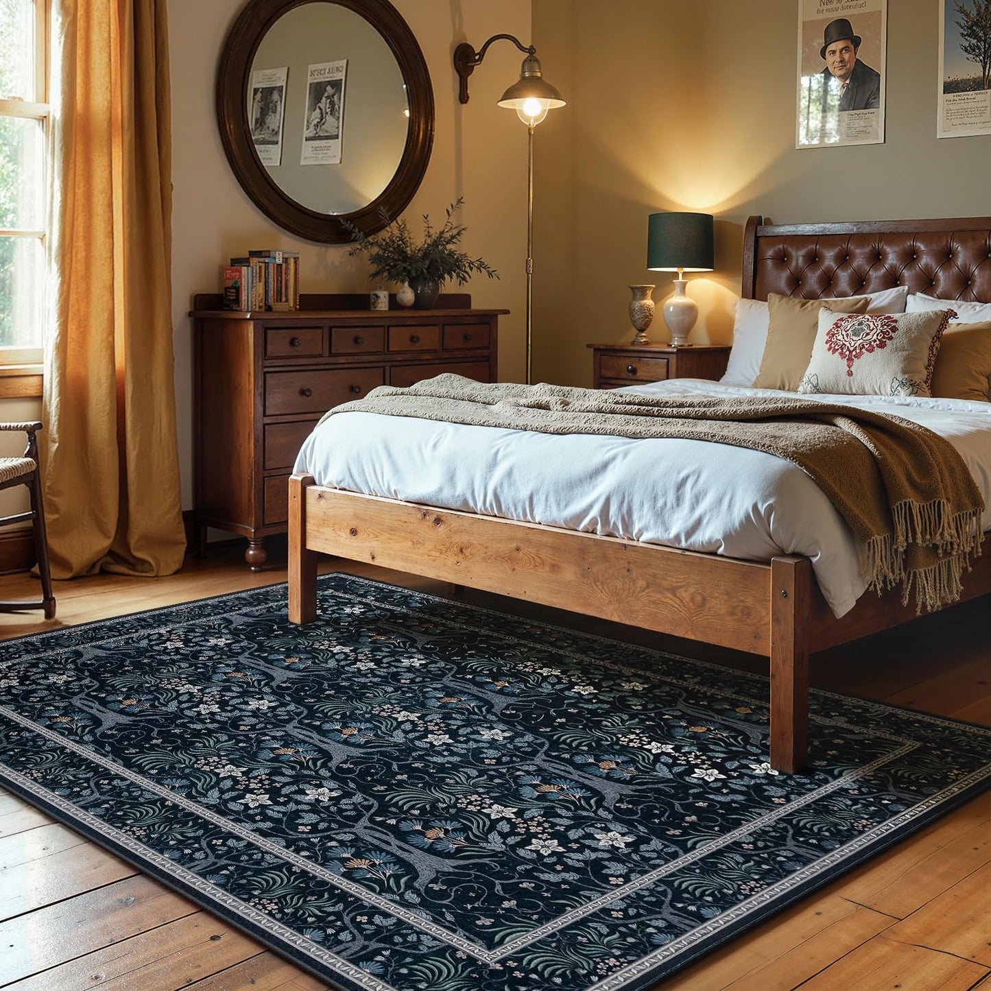 Joydeco Machine Washable Area Rugs 5x7, Boho Floral Rug for Bedroom Non Slip, Soft Forest Botanical Low-Pile Floor Indoor Throw Carpet for Living Dining Room Dorm Office, Blue-Black