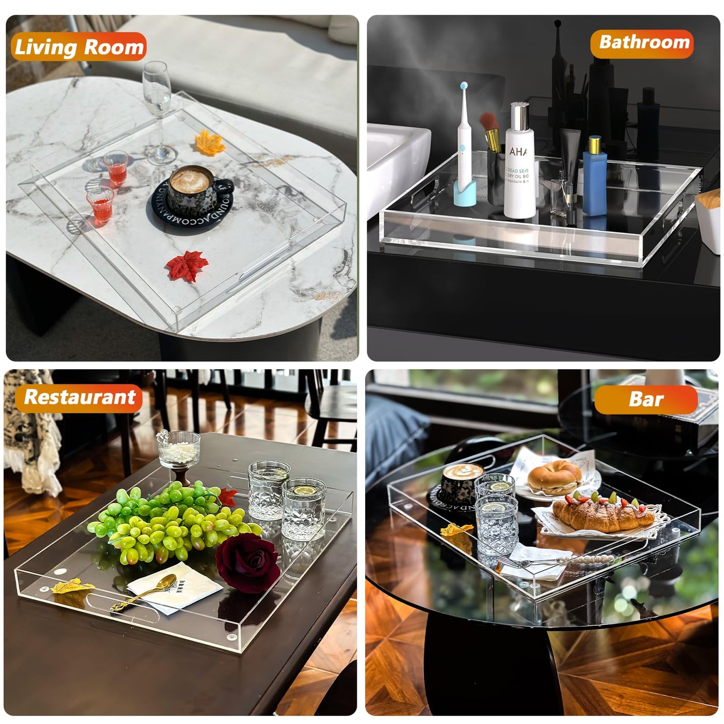 Collwait Extra Large Serving Tray with Handles, Acrylic Tray for Food, Drinks, Snacks and Appetizer, Rectangular Trays for Eating, Lucite & Coffee Table Trays, Acrylic Makeup Organizer 16" × 20"