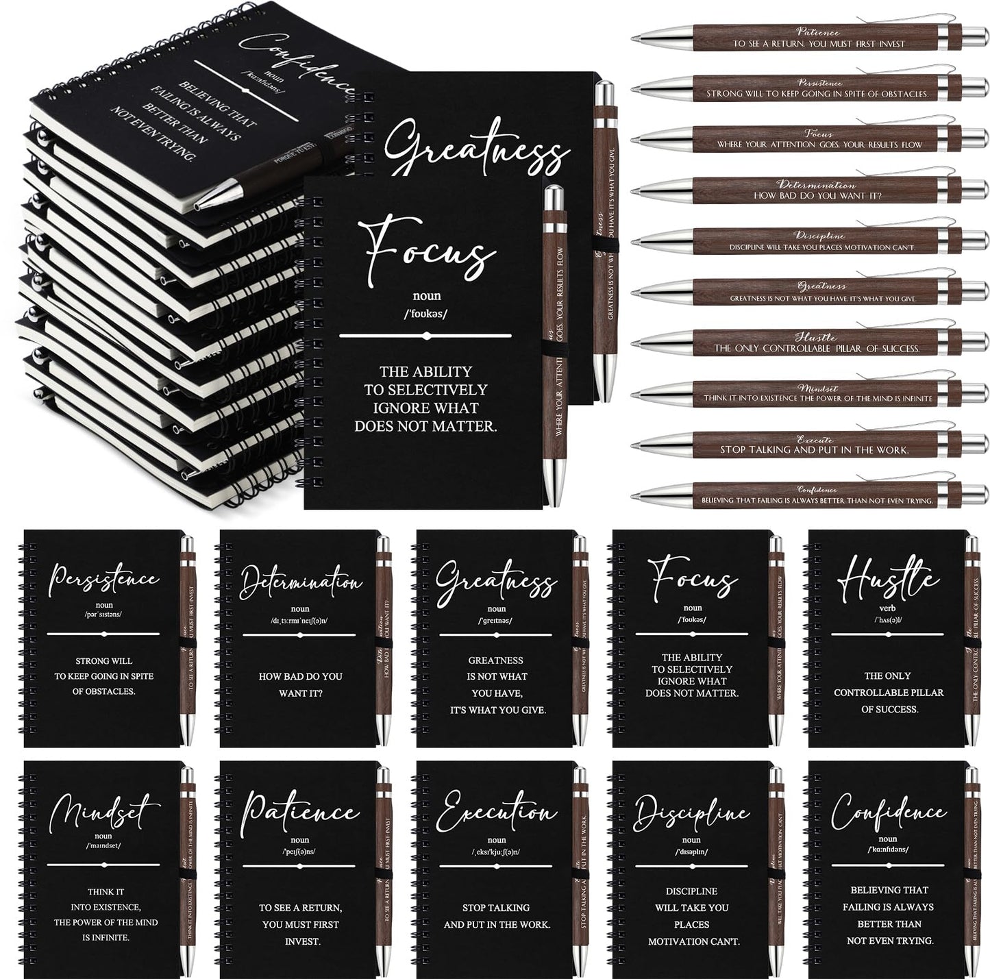 TecUnite 30 Sets Inspirational Spiral Notebooks with Motivational Bamboo Pens Bulk, Employee Appreciation Gift for Teachers Coworker Team Students, Thank You Notepad Journal for Father’s Day(Black)