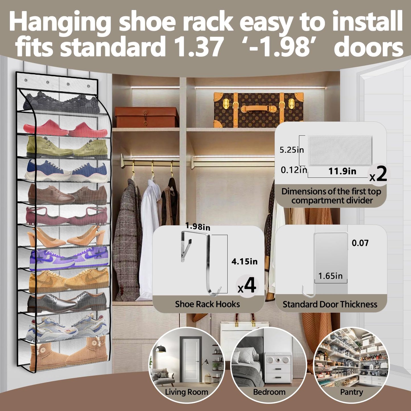 PAULONE 12 Pocket Over the Door Shoe Organizer,Reusable Breathable Large Mesh Bag Men's & Women's Sneaker Organizer,Shoe Organizer for Kids,Hanging Shoe Storage Hanging Bag (White)