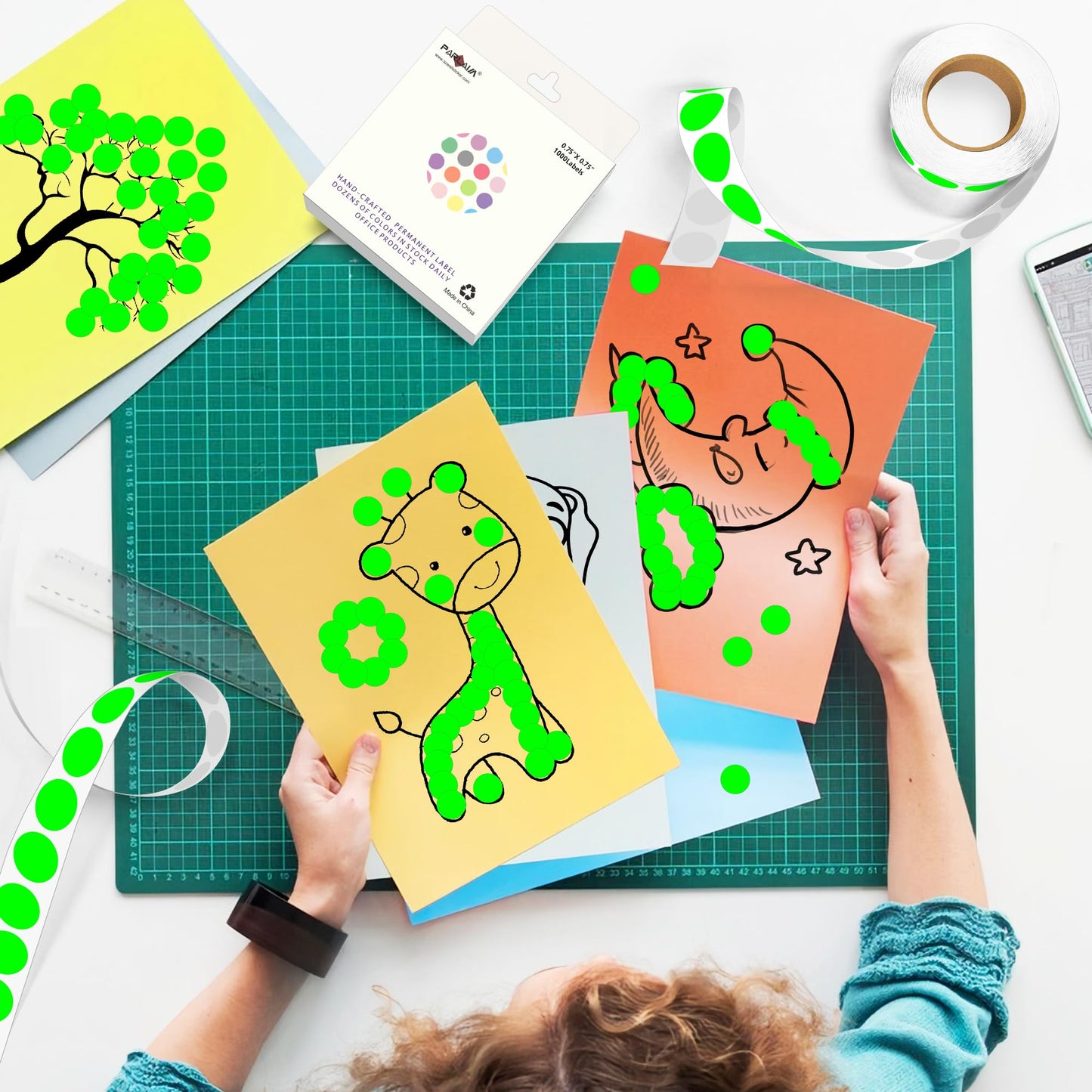 PARLAIM 3/4 Inch Round Permanent Adhesive Color-Code Dot Stickers,10000 Stickers Roll dots Label Dispenser Box Green Circle Stickers Labels 10Rolls (Fluorescent Green)