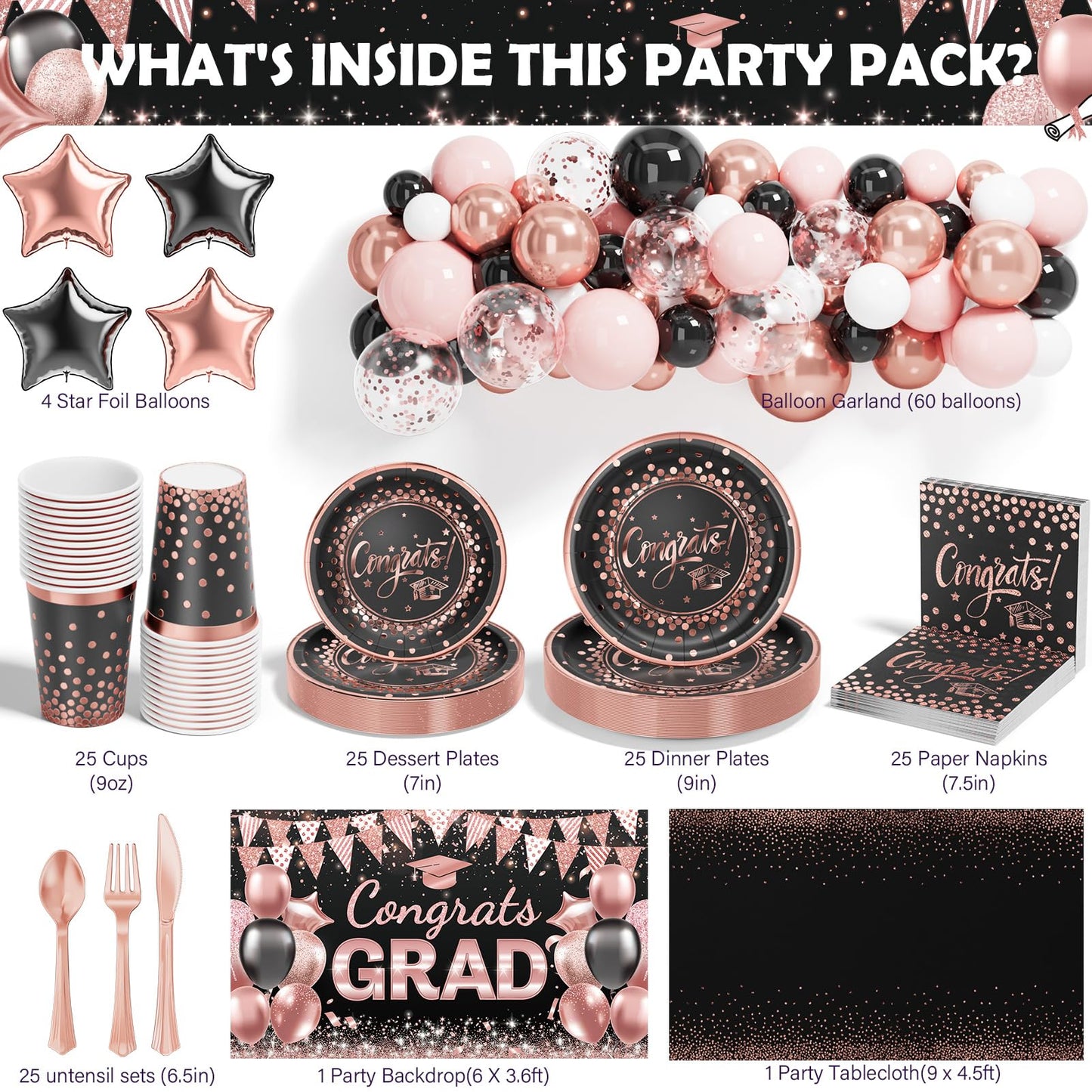Ecomore 2026 Graduation Decorations - 245 PCS Grad Disposable Dinnerware(Serve 25) & Graduation Party Supplies With Congrats Paper Plate Cup Napkin Tablecloth Backdrop Balloon - Black Pink Rose Gold