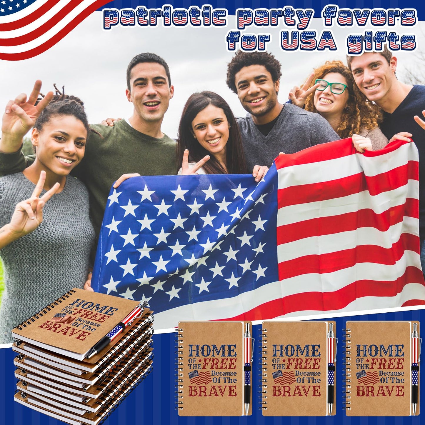 Resurhang 250th Anniversary Memorial Day Gift American Flag Ballpoint Pens Spiral Notebooks Home of The Free Because of The Brave Journal USA Patriotic for Veteran Military Soldier 250th Gift(36 Set)